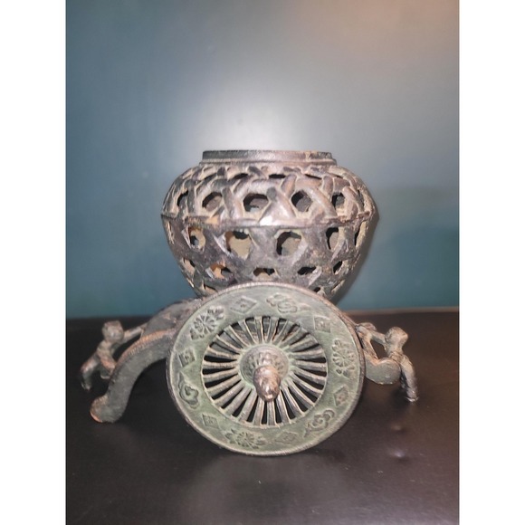 Other - Vintage Cast Iron Stamped JAPAN Japanese Cart Figures Orchid Planter Ikebana